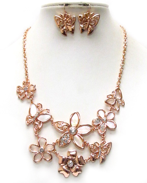 Crystal and natural shell deco garden theme flower and butterfly necklace earring set