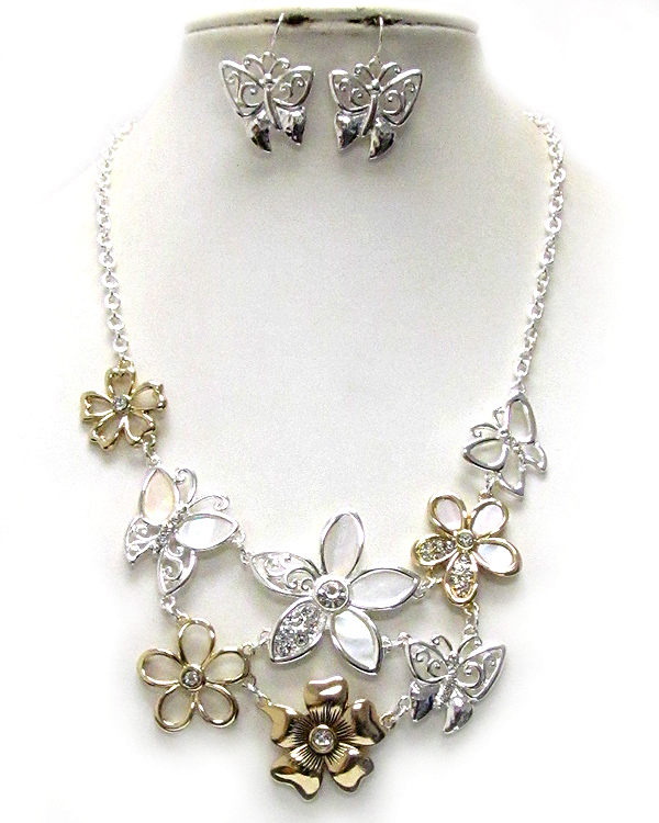 Crystal and natural shell deco garden theme flower and butterfly necklace earring set