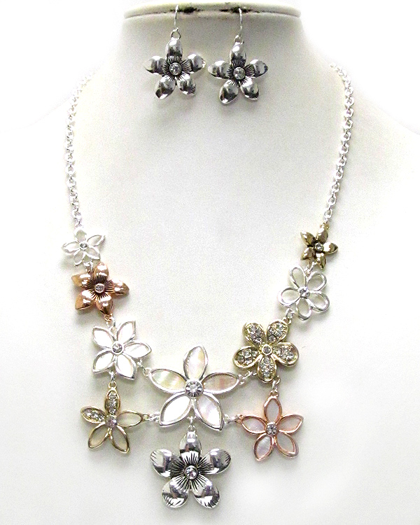 Crystal and natural shell deco garden theme flower necklace earring set