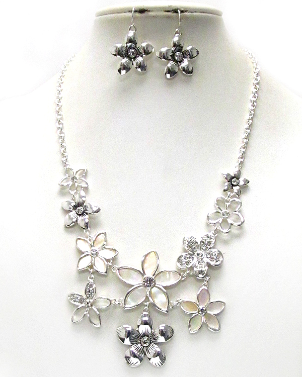 Crystal and natural shell deco garden theme flower necklace earring set