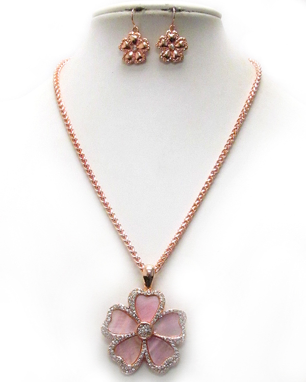 Crystal and natural shell deco flower necklace earring set