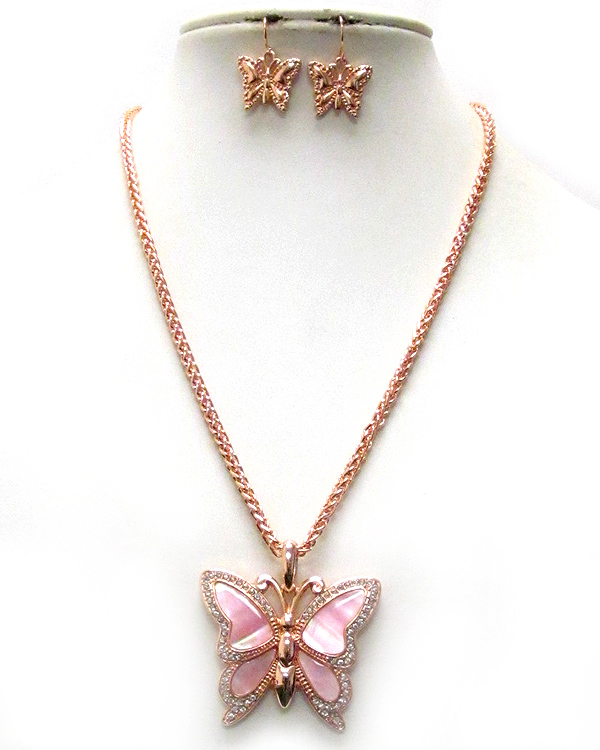 Crystal and natural shell deco butterfly necklace set