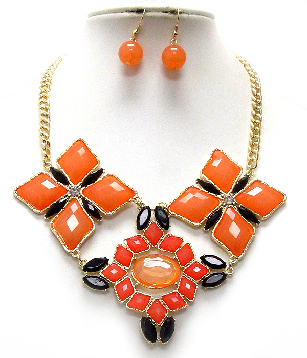 Crystal and acrylic stone flower deco link nekclace earring set