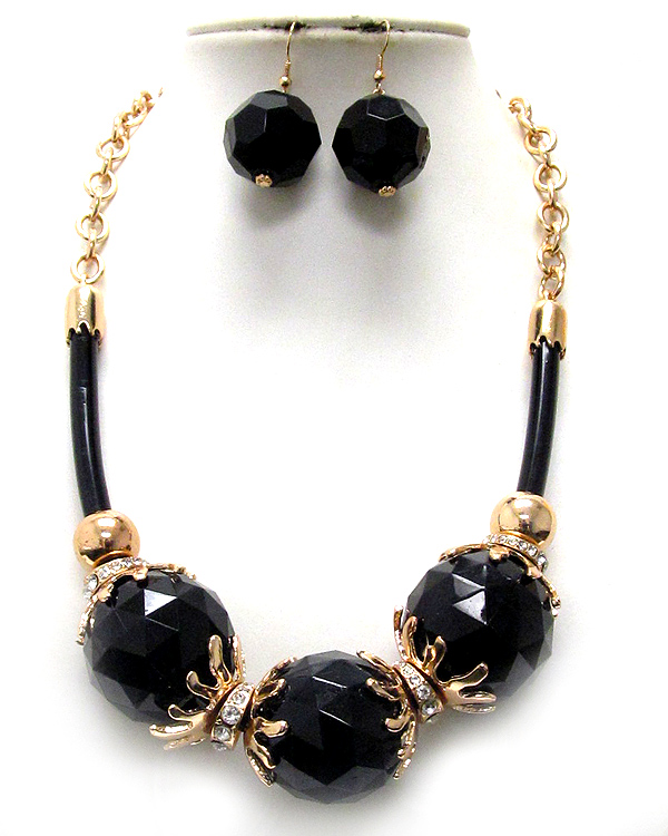 Three large acrylic ball and crystal rondelle between cord and chain mix necklace earring set