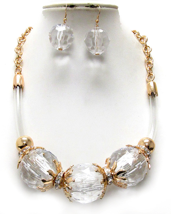 Three large acrylic ball and crystal rondelle between cord and chain mix necklace earring set