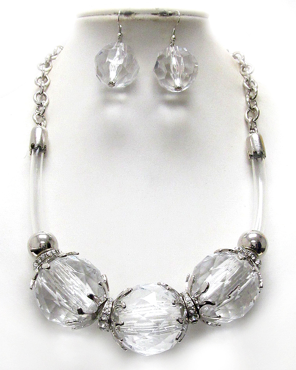 Three large acrylic ball and crystal rondelle between cord and chain mix necklace earring set