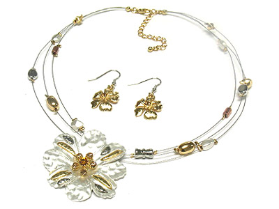 Crystal flower pendant and  triple strands with metal deco bead  and earring set