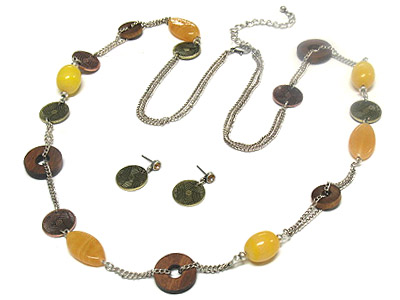 Precious beads and wood and casting metal disk dual strand long necklace and earring set