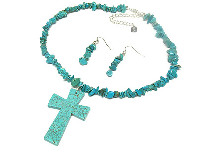 Semi precious cross pendant necklace and earring set 