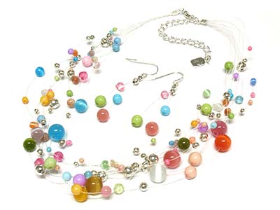 Multi strand and acryl and glass mixed bead necklace and earring set