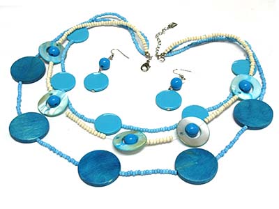 Triple strand wood and acryl and shell disk and seed bead necklace and earring set