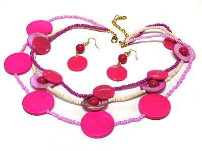 Triple strand wood and acryl and shell disk and seed bead necklace and earring set