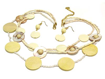 Triple strand wood and acryl and shell disk and seed bead necklace and earring set 