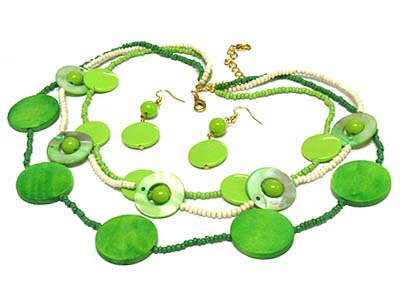 Triple strand wood and acryl and shell disk and seed bead necklace and earring set