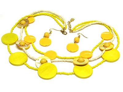 Triple strand wood and acryl and shell disk and seed bead necklace and earring set 