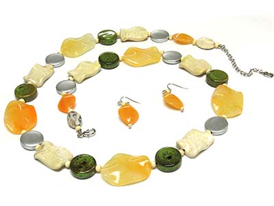 Multi semi precious stone and figurine link long necklace and earring set