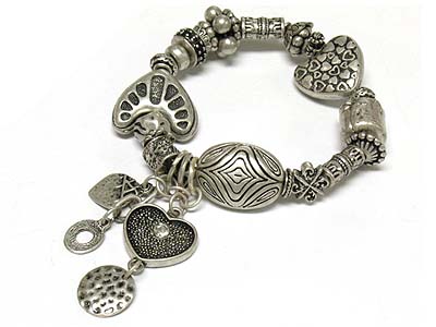 Antique style metal casting heart link and crystal heart dangle stretch bracelet