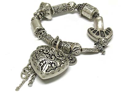 Antique style metal casting heart charm stretch bracelet 