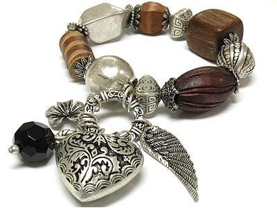 Wood nugget and antique casted heart and wing charm stretch bracelet