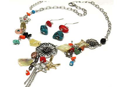 Multi material mixed y shape necklace with dangles and earring set