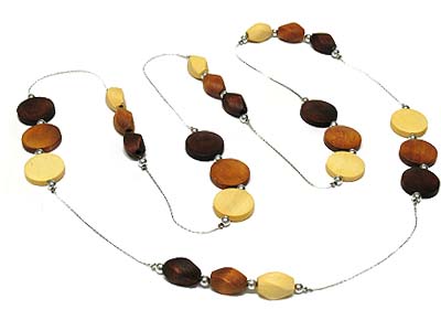 Wood round disk and nugget linked long necklace