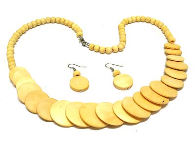 Wooden disk and bead necklace and earring set