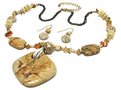 Semi precious large pendant and deco dual strands necklace and earring set - jasper