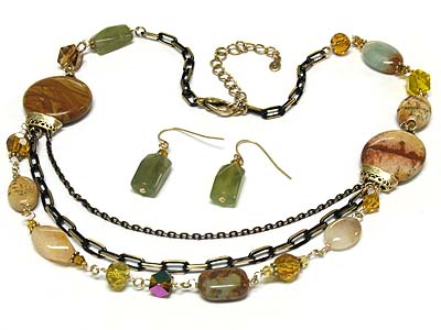 Multi strand semi precious stone and acrylic bead necklace and earring set - agate