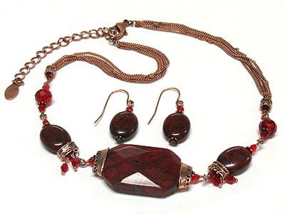 Semi precious stone nugget and acryl bead with small dangle necklace and earring set - cora