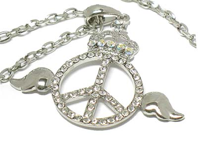 Crystal peace with wings and crown pendant necklace