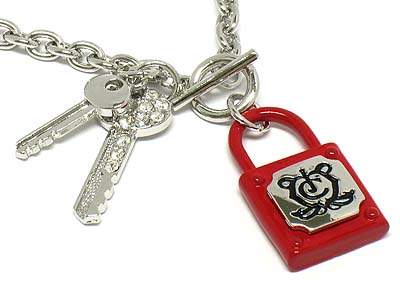 Designer inspired padlock and dual keys pendant toggle necklace