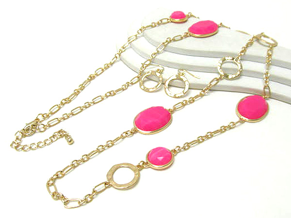 Multi oval and round glass stone fashion long chain necklace earring set