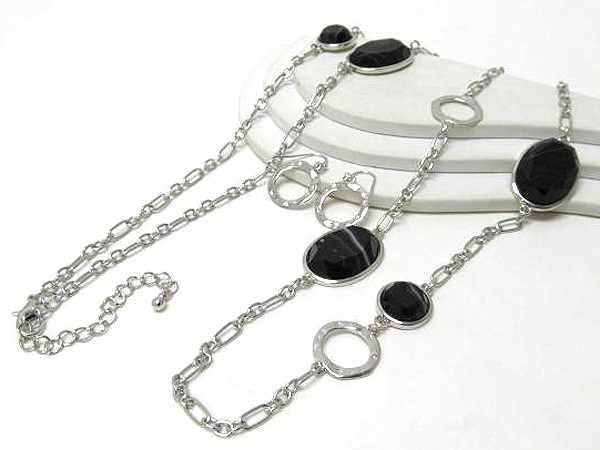 Multi oval and round glass stone fashion long chain necklace earring set