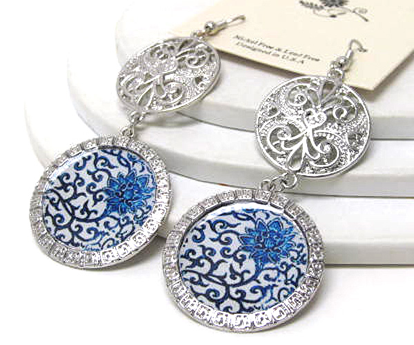 Metal round filigree with printed flowers drop earring