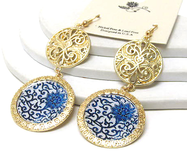 Metal round filigree with printed flowers drop earring