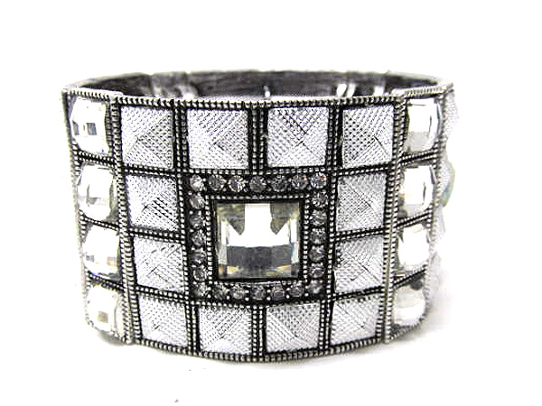 Multi metal square crystal and facet glass on stretch bracelet