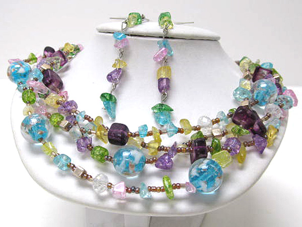 Multi seed beads and murano glass with chip stone necklace earring set