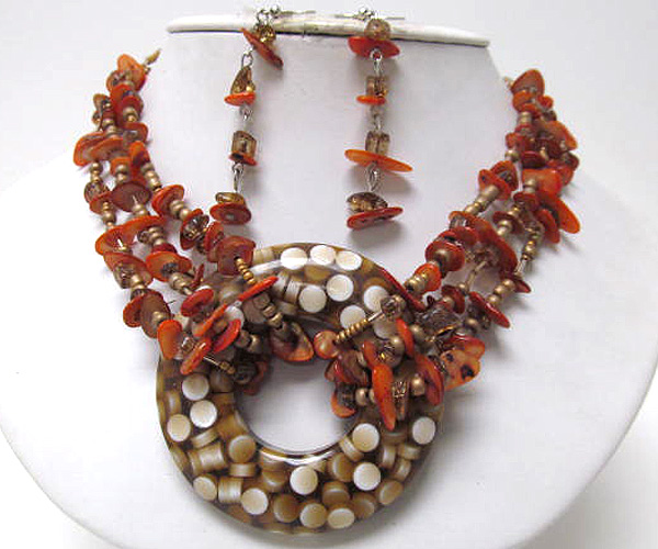 Multi chip stone and seed beads drop large round murano glass necklace earring set