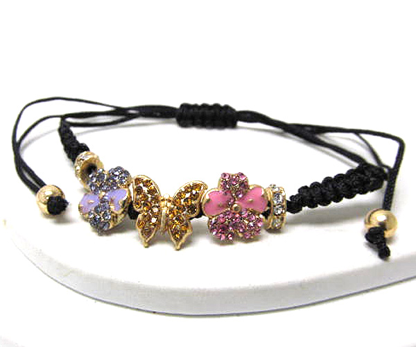 Crystal flower and butterfly theme and braided yarn friendship bracelet