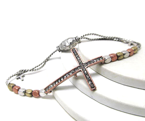 Crystal leaned cross metal beads and chain pull tie bracelet