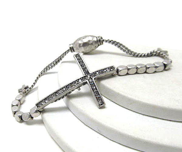 Crystal leaned cross metal beads and chain pull tie bracelet