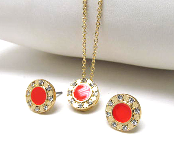 Crystal pendant round epoxy chain necklace earring set