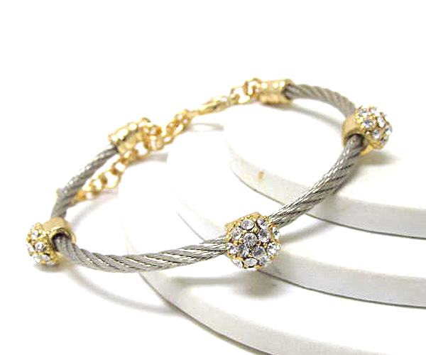 Three crtstal round pave dome twisted wire chain bangle bracelet 