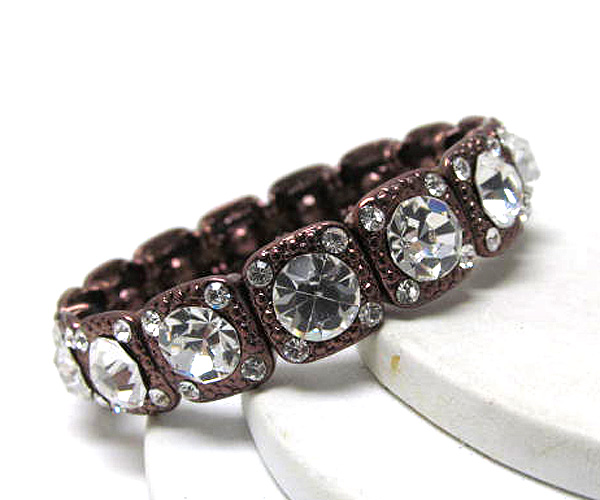 Multi crystal metal pebble square style stretch bracelet 