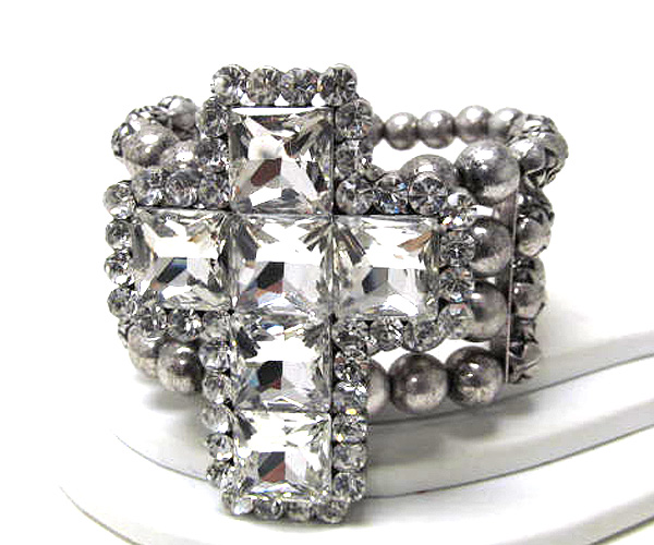 Multi square crystal stud cross multi row metal ball stretch bracelet