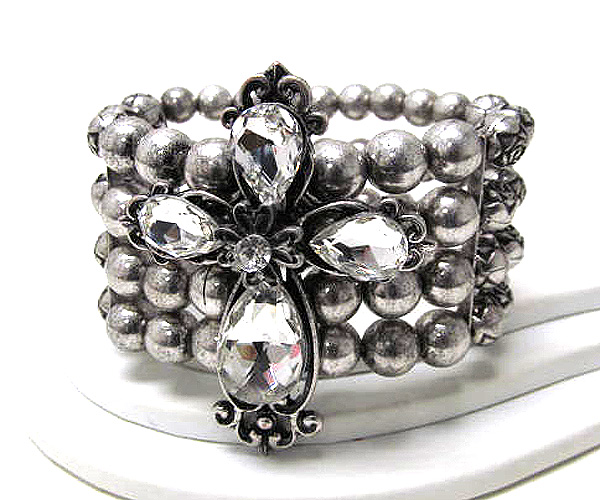 Multi tear drop crystal stud cross multi row metal ball stretch bracelet