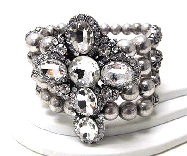 Multi oval crystal stud cross multi row metal ball stretch bracelet