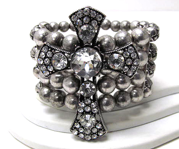 Multi round crystal stud cross multi row metal ball stretch bracelet