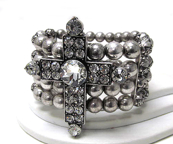 Multi round crystal stud cross multi row metal ball stretch bracelet