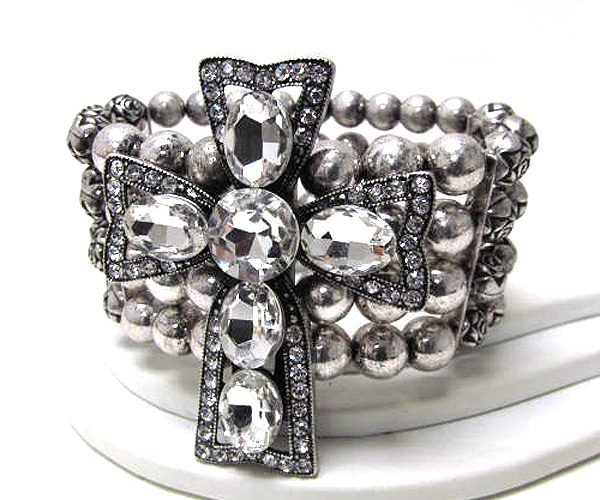 Multi oval crystal stud cross multi row metal ball stretch bracelet